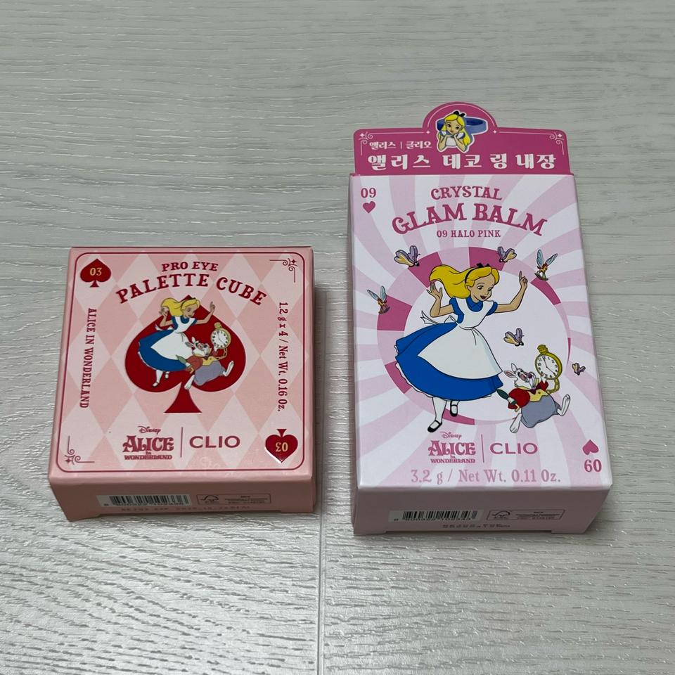 (새제품)클리오x앨리스콜라보 크리스탈글램밤09 헤일로핑크+팔레트큐브03