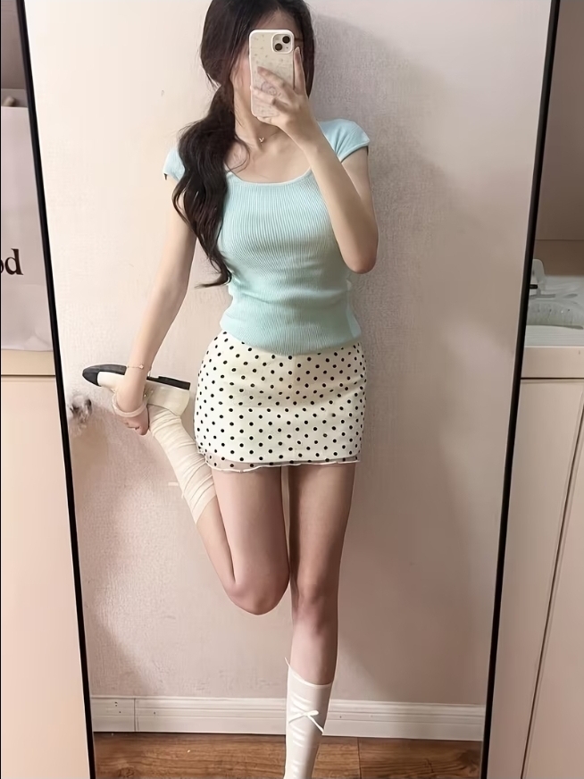 204 도트 쉬폰 레이스 시스루 이중 미니 스커트