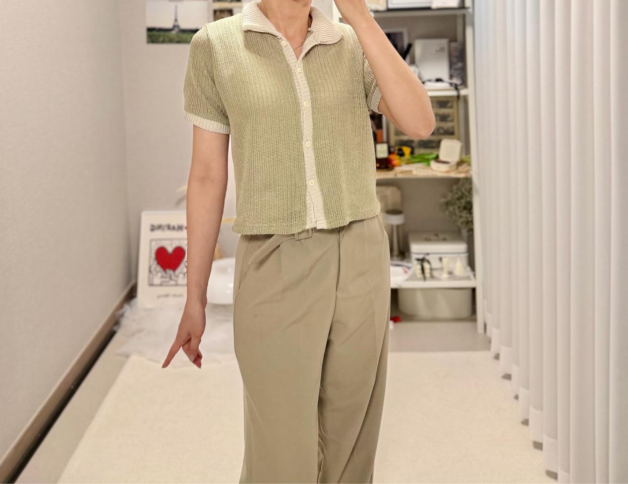 여름 반팔 니트 카라 카키 배색 가디건 크롭 베이지