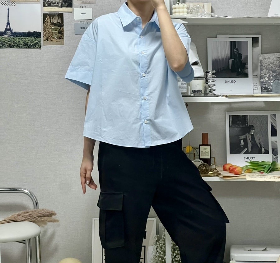 여성 반팔 셔츠 면 롤업 남방 스카이 블루 하늘색 루즈핏 오버핏