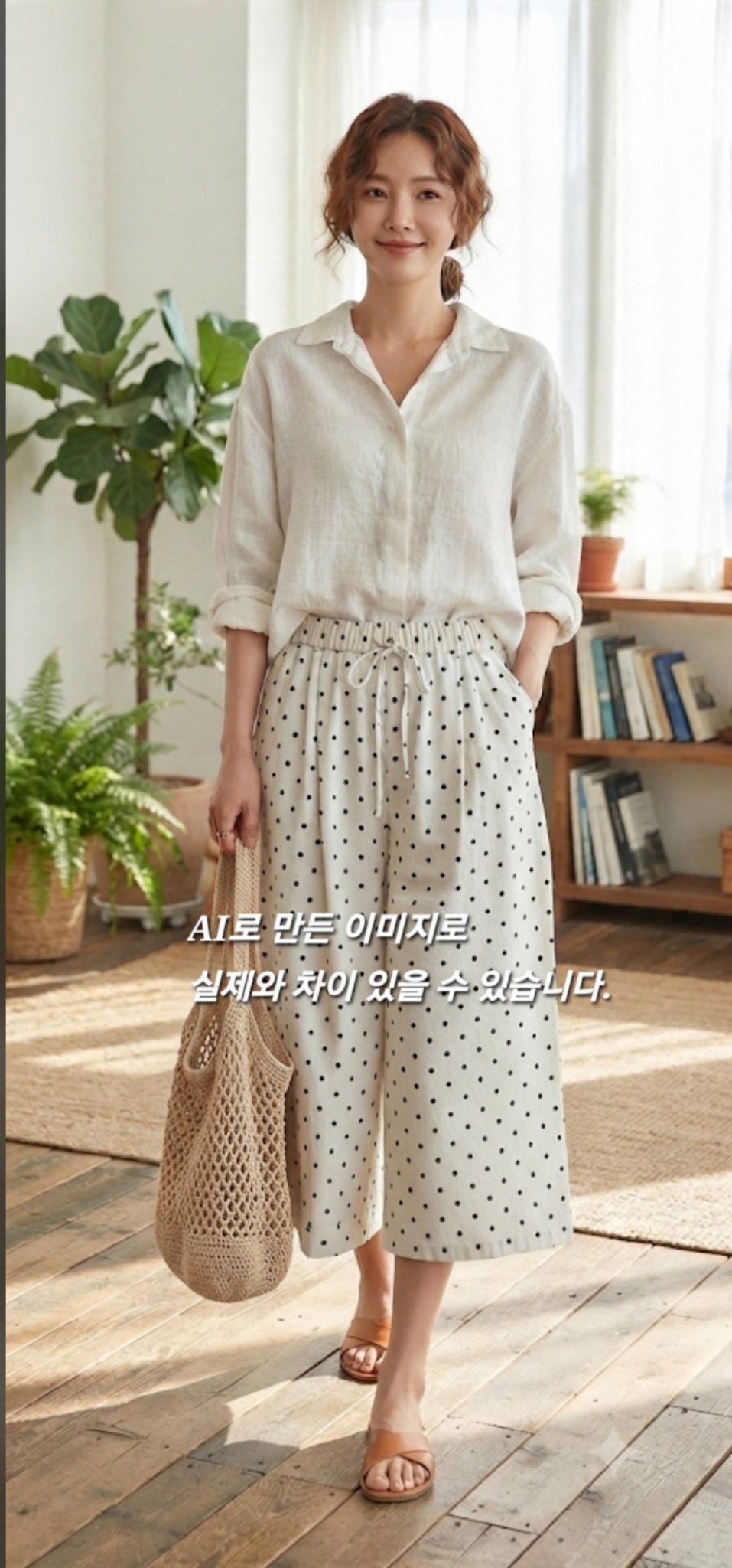 프리~77/LimeStudio 도트 리본 린넨. 밴딩 통바지