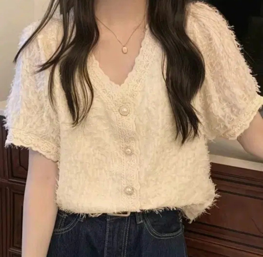 BL299 아이보리 진주 버튼 반팔 블라우스