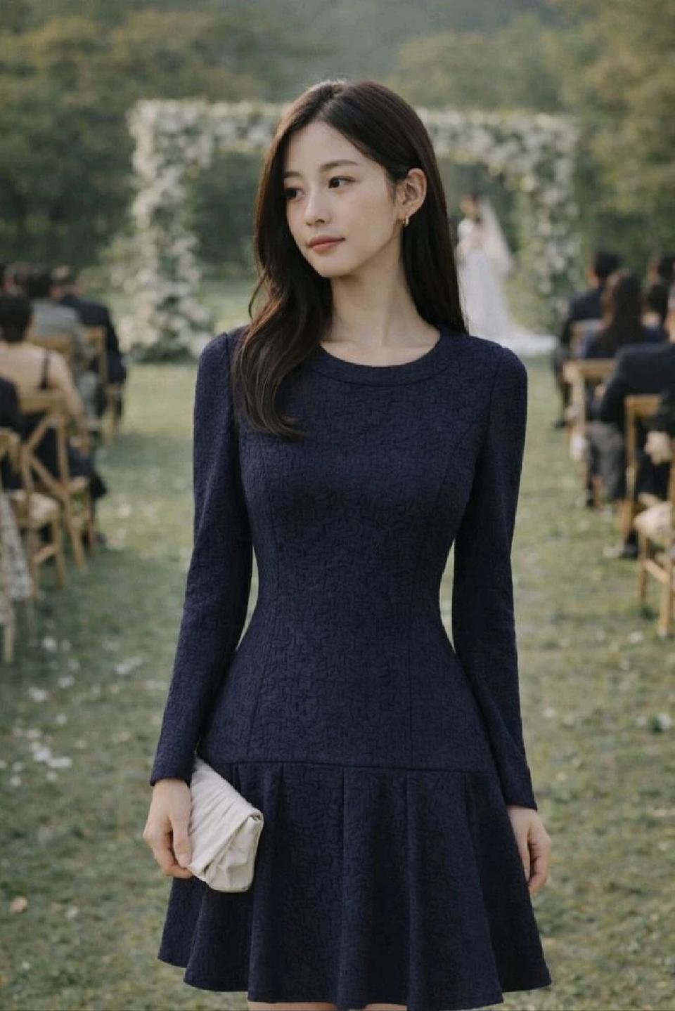 (친구결혼식하객룩)JJ지고트 프리미엄 빈티지 네이비 자카드 플레어 원피스