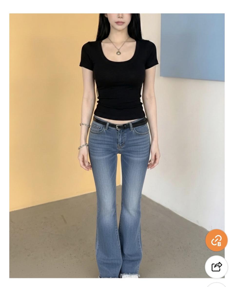 블랙 U넥 반팔티 모찌 쫀쫀 크롭 스판 슬림핏 글램 티셔츠