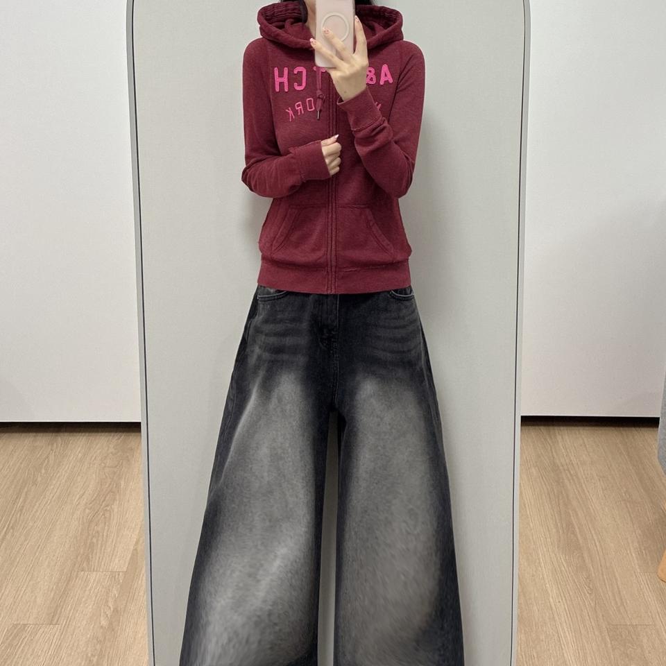 아베크롬비 딱붙핏 핑크 자수로고 버건디 후드집업