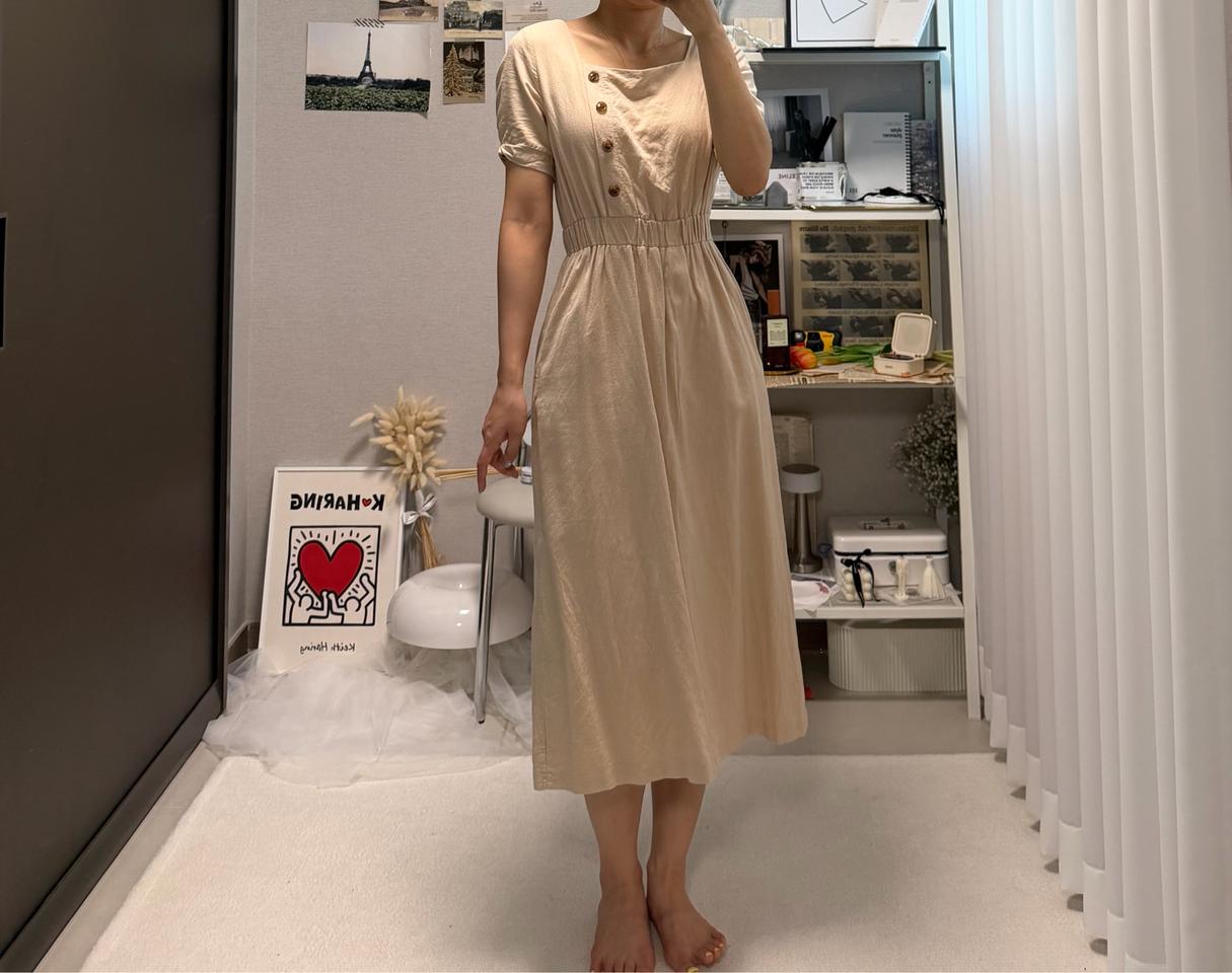 베이지 반팔 롱원피스 스퀘어넥 밴딩 린넨 단추