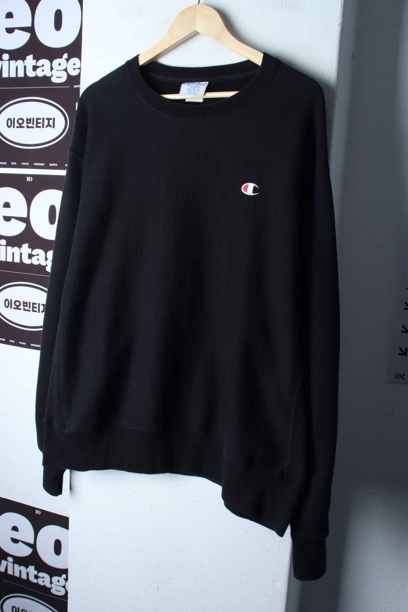(3XL) 챔피온 맨투맨 티셔츠 리버스위브 스몰로고 기모 블랙-H3740