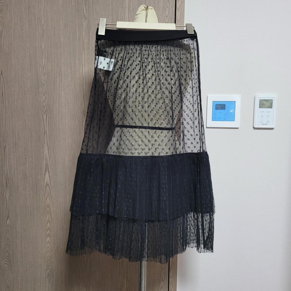 샤틴 블랙 도트 시스루 롱 스커트 밴딩