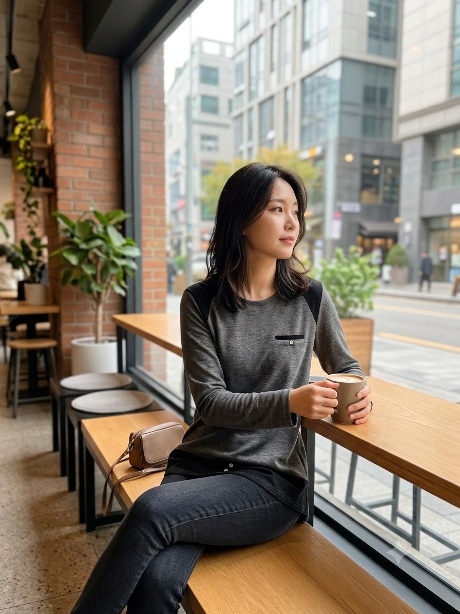 모던한 그레이 배색 긴팔 티셔츠 M