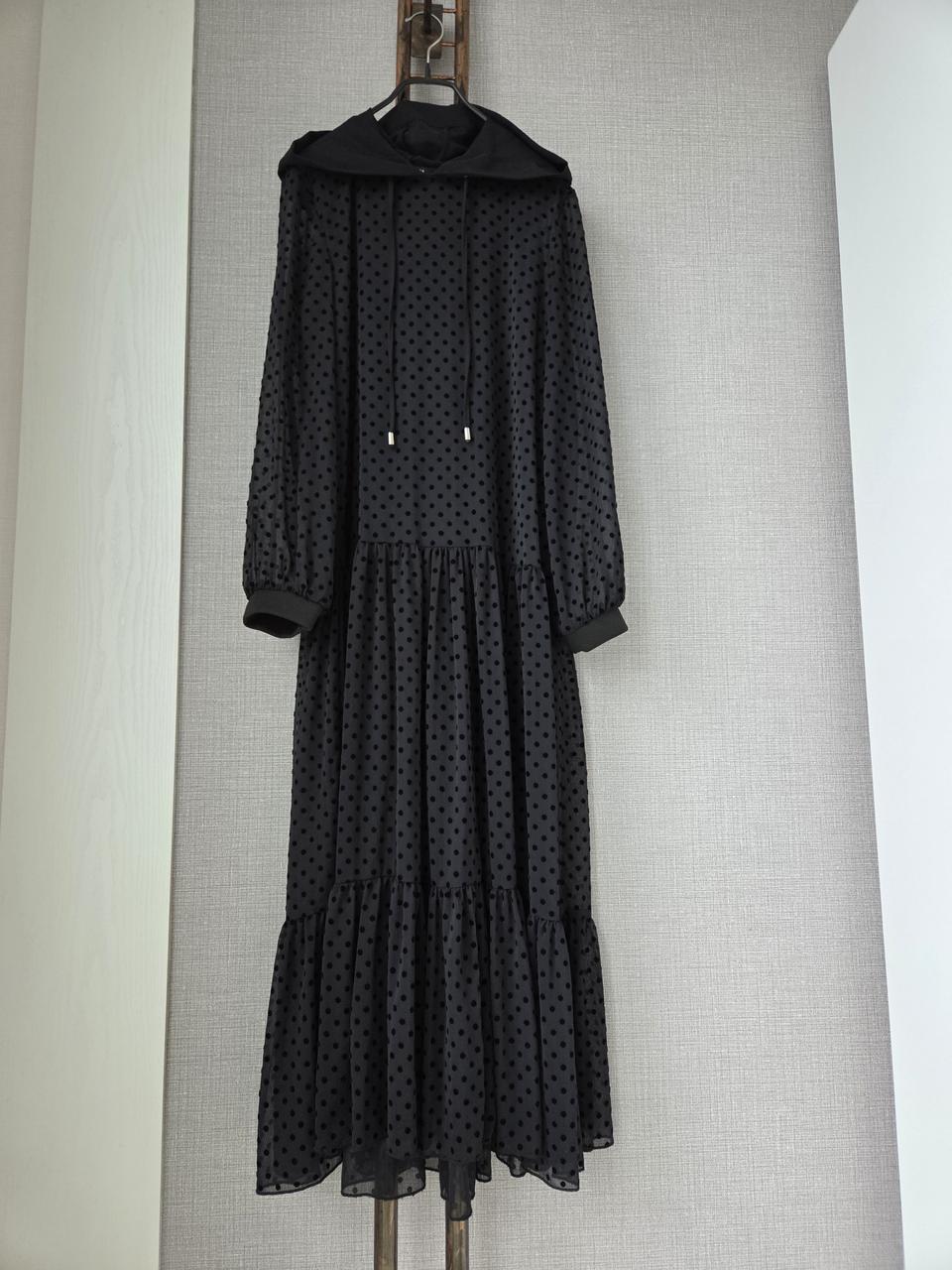 ZARA 블랙 도트 쉬폰 후드풍성 맥시원피스