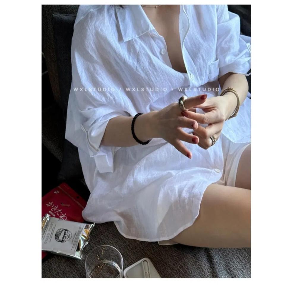 인페어즈 라미100% 오버핏 래글런 반팔 셔츠 - 아이보리,S