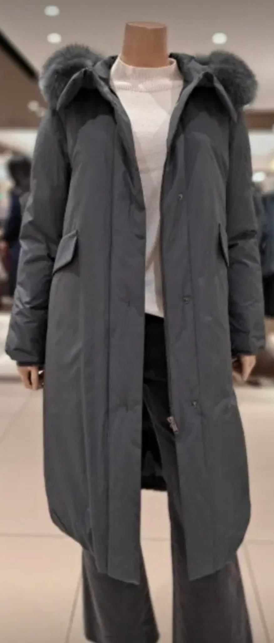 BCBG 폭스퍼 구스다운 벌룬 트리밍 루즈핏 집업 롱패딩55사이즈 새제품