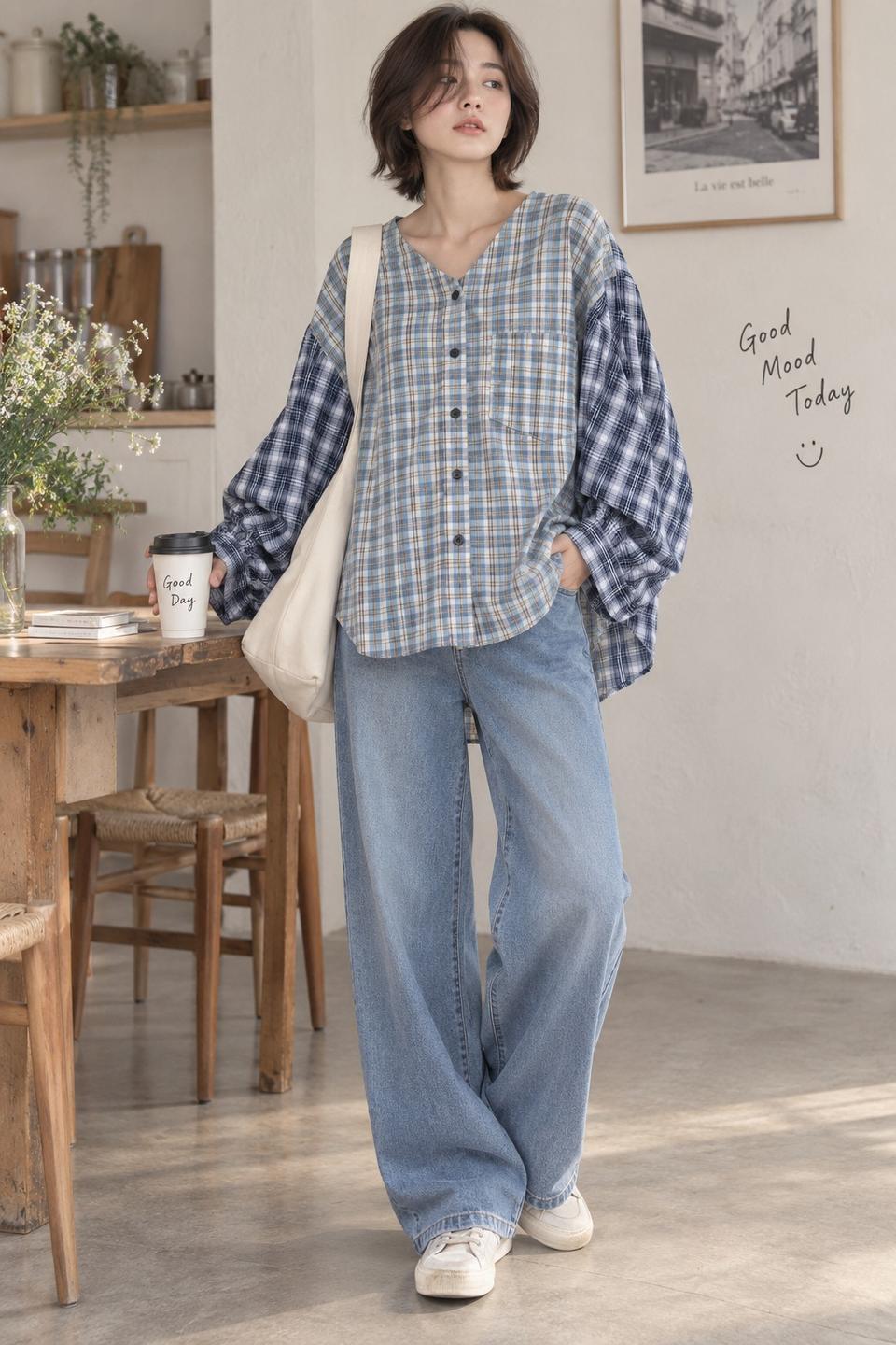 빅 박시 체크 셔츠
