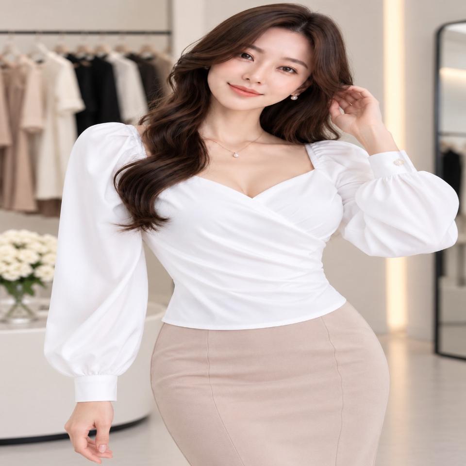 화이트 셔링 랩 블라우스 퍼프소매 여성 새상품ㅡ무배