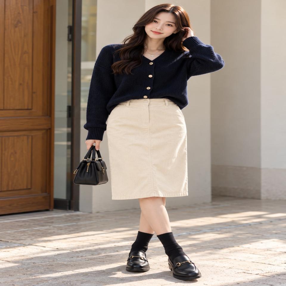 아이보리 코듀로이 H라인 스커트 M사이즈 / 가을겨울 데일리룩