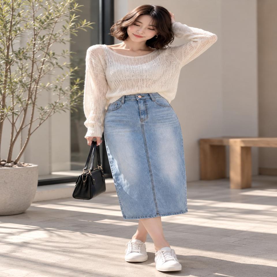 연청 속밴딩 뒷트임 미디 데님 스커트(L)