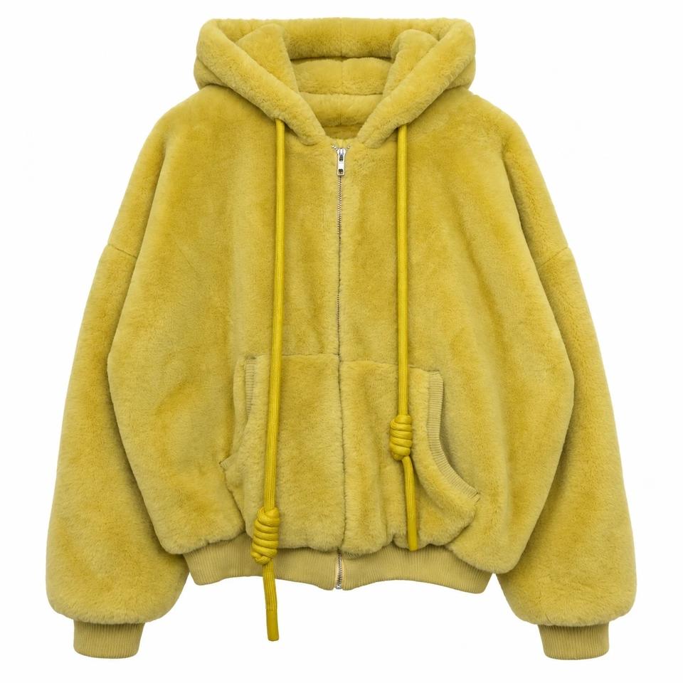 여 프리(~3XL, 가슴둘레 132) 노랑 페이크 퍼 후드 오버핏 자켓