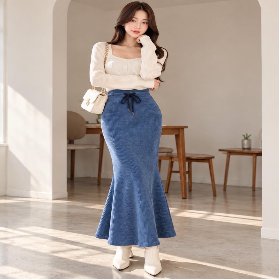 핏 보장! 쫀쫀한 블루 골덴 머메이드 롱 스커트 (날씬66까지 추천)