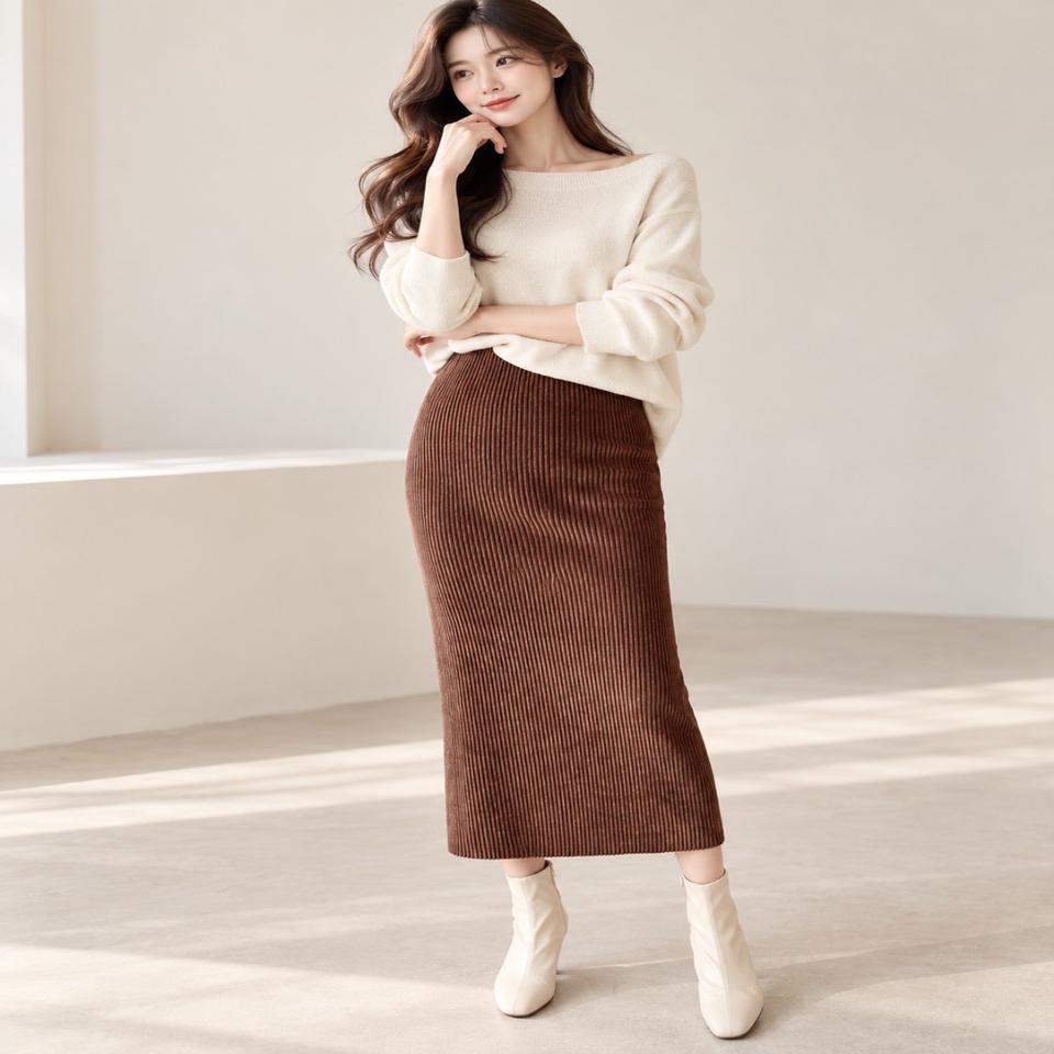 골덴 밴딩 롱 일자핏 코듀로이 h라인 스커트 (2color)