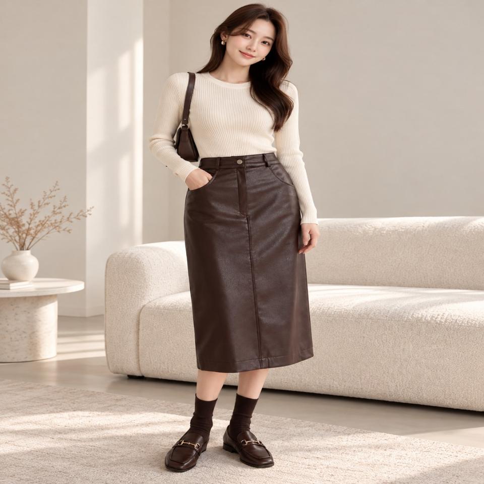 로맨틱 데이트룩 브라운 레더 H라인 미디 스커트ㅡ무배