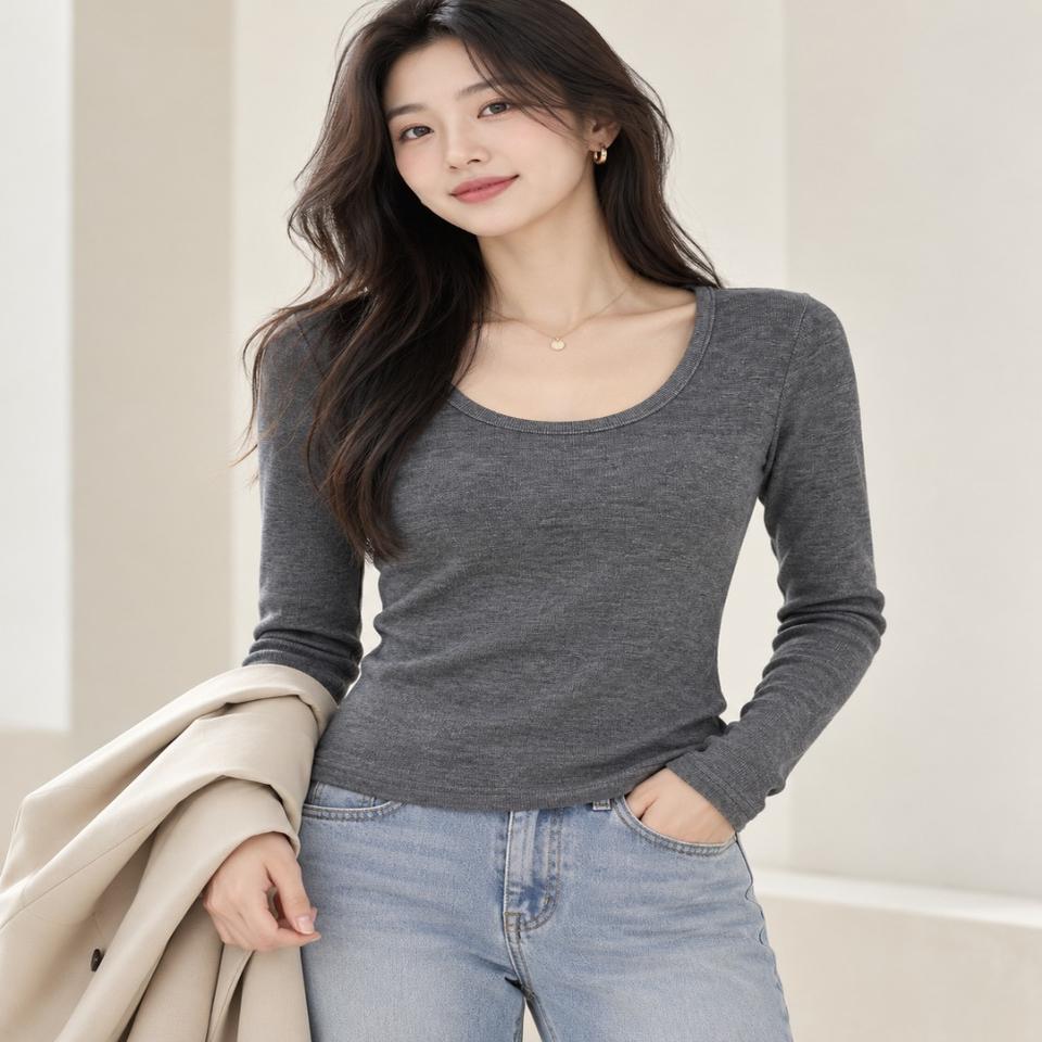 여성 차콜 유넥 슬림핏 긴팔티 데일리 이너 티셔츠ㅡ무배