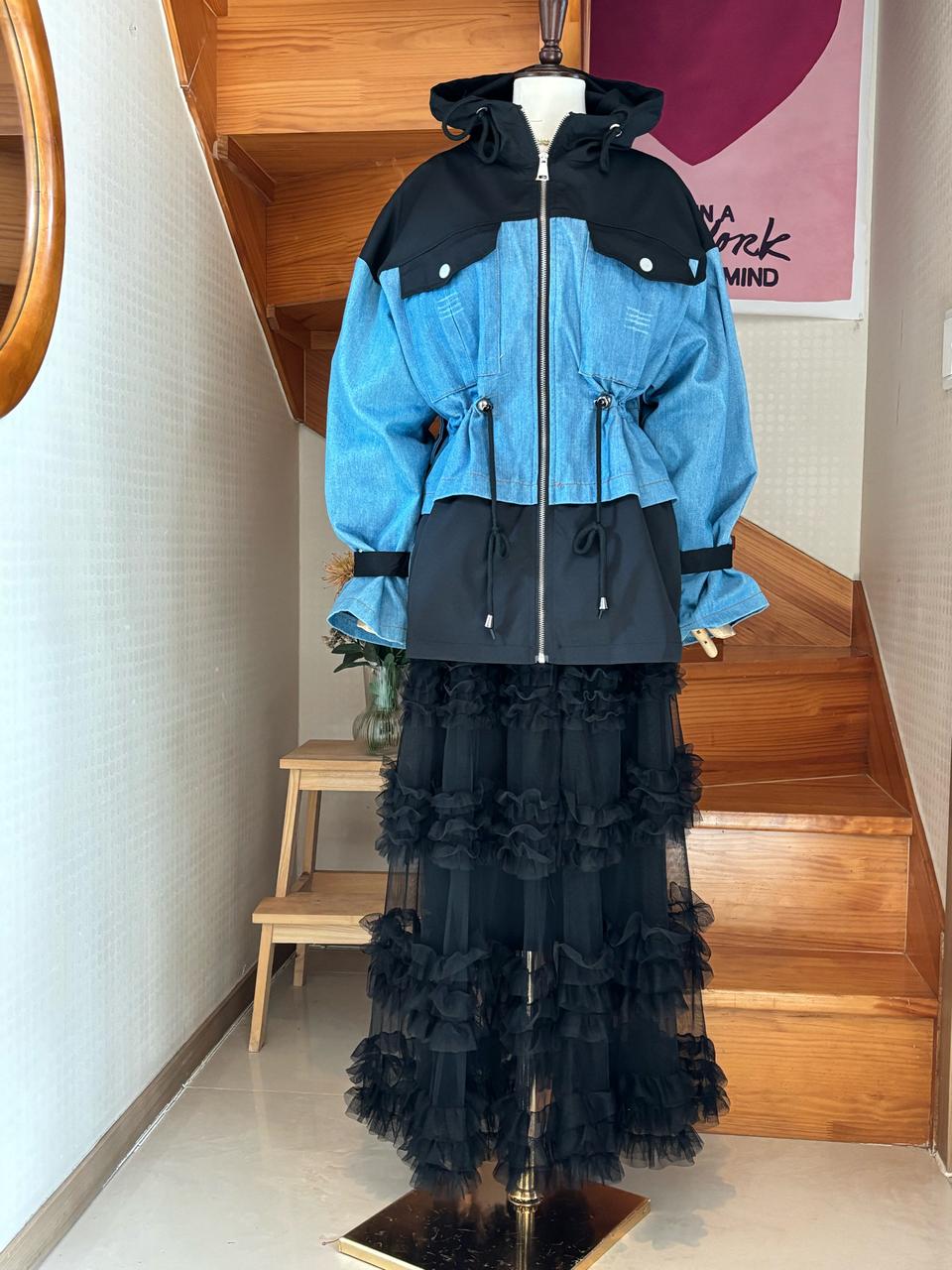 데님 블랙 믹스 후드 자켓
